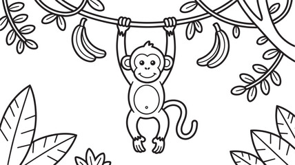 Whimsical Monkey Hanging from Vine with Bananas in Jungle Outline Illustration Vector