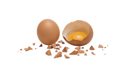 Egg's Revelation: A still-life capture of fresh egg, one whole and another cracked, revealing the golden yolk, is a symbol of new beginnings and culinary artistry.