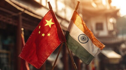 Flags of China and India displayed together in a cultural setting during sunset