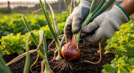 Gardener harvesting fresh red onion from garden bed.