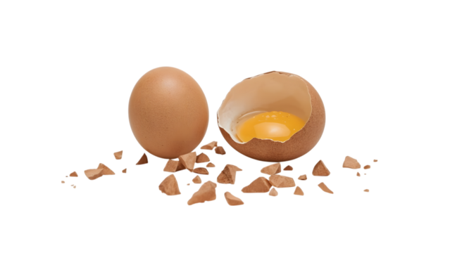 Egg's Revelation: A still-life capture of fresh egg, one whole and another cracked, revealing the golden yolk, is a symbol of new beginnings and culinary artistry.