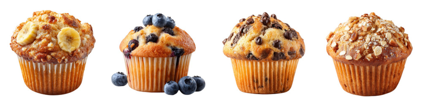 Four delicious muffins in assorted flavors blueberry banana chocolate oat on transparent background