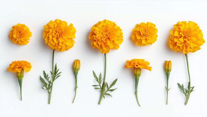 a flat lay of yellow marigold flowers on a white background, featuring various shapes and sizes.