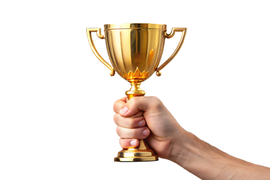 Hand holding golden trophy isolated on a transparent background
