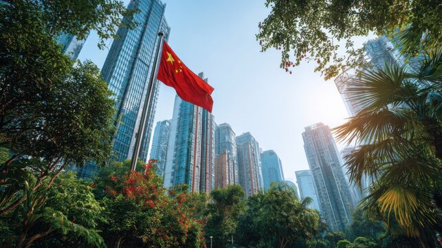 China's national flag waves in the vibrant cityscape of skyscrapers under a sunny sky during mid-afternoon