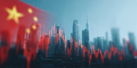 Financial trends showing Chinese market data overlaid on a city skyline during sunset