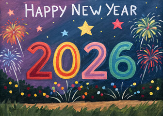 Artistic Happy New Year 2026 oil paint illustration featuring textured brushstrokes, fireworks, and stars. A colourful celebratory design for wallpapers or greeting cards.