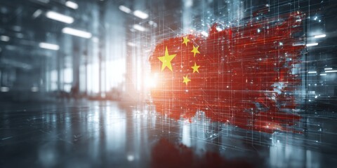 Digital representation of China with flag elements and technological motifs in a modern setting
