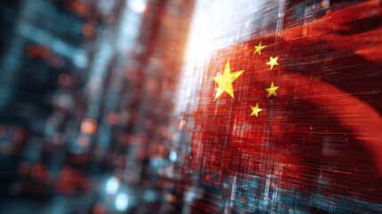 Digital representation of China's national flag with abstract elements in a futuristic setting