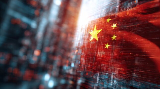 Digital representation of China's national flag with abstract elements in a futuristic setting