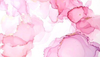 Abstract watercolor painting with layered pink and gold hues, flowing across a white background, creating a delicate, ethereal effect