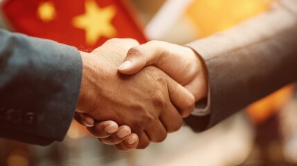 Business leaders from different countries engage in a handshake to signify partnership during an international summit