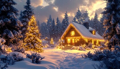 Hyper-realistic 3D scene of a snow-covered cabin with warm golden lights inside, surrounded by pine trees and glowing Christmas decorations