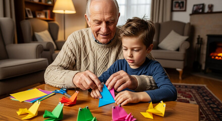 Obraz premium Grandfather and Grandson Enjoying Origami.