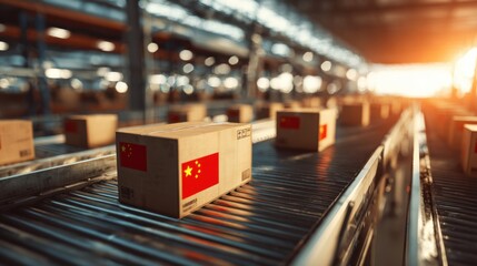 Packages on conveyor belt inside warehouse during sunset, showcasing logistics and international shipping from China