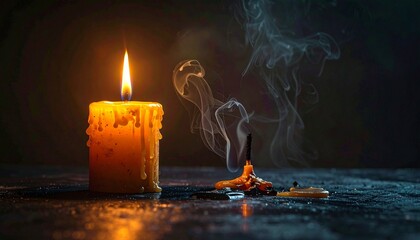 A single burning candle casting a warm glow beside extinguished matches and rising smoke.