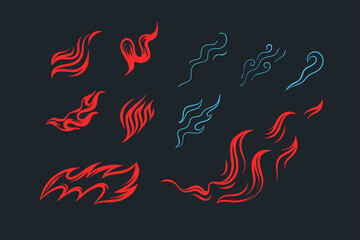 Set of flame and fire stickers for media and advertising posters, etc. Vector graphics, handmade