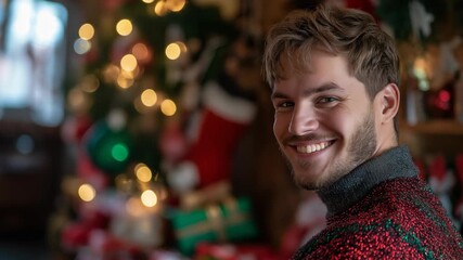 Caucasian man smiling at room with Christmas tree light as background