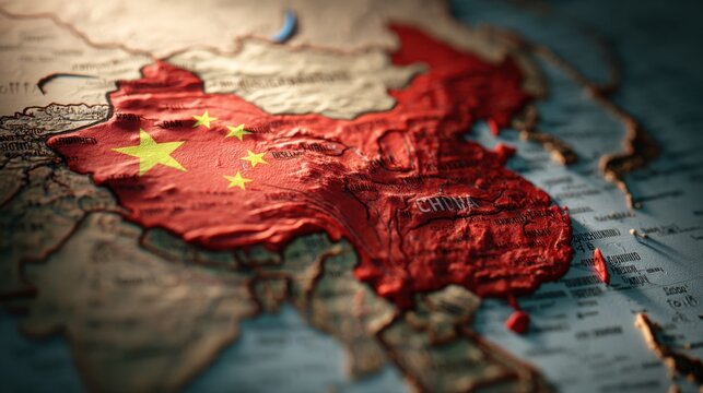 Map of China with vivid red color and detailed topography highlighting geographical features in Asia