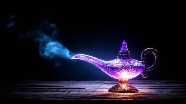 Enchanting, glowing genie lamp with swirling smoke, set on a rustic wooden surface.