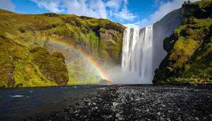 A vibrant rainbow arches over a powerful waterfall cascading down rugged, moss-covered cliffs, surrounded by lush greenery and a dark, pebbled riverbed.