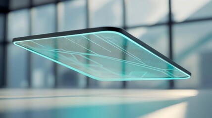 Futuristic cyan holographic panel in office – Great for corporate innovation, smart technology, or digital workspace design