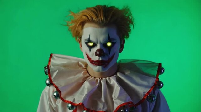 Scary clown with yellow eyes and white face paint on a green screen looking at the camera halloween clown green screen video