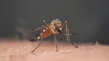 Close up macro shot of a mosquito biting human skin