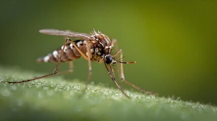 Close up macro photograph of a mosquito on a green leaf with blurred background