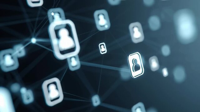 Digital network with glowing user icons connected in virtual space symbolizing the concept of online communities, social connections, and data exchange.