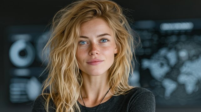 Woman observing a panoramic view of a misty green forest and vibrant autumn trees through a window with futuristic data overlays