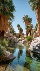 Palm trees by a serene desert stream