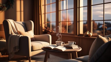 Cozy home interior with armchair coffee book and window warm light for relaxation and reading time