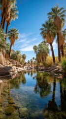 Obraz premium Beautiful oasis with palm trees and clear water