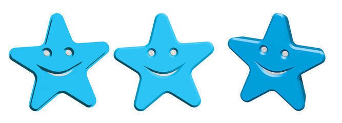 Three cheerful blue 3D stars with friendly smiles, perfect for rating systems on transparent background
