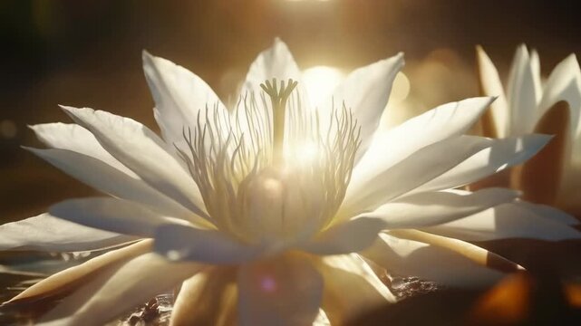 Close-up of elegant white lotus flower in golden water reflection