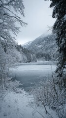 Winter landscape by a frozen lake