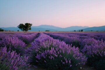 Fototapeta premium Lavender fields at sunset with mountains in the background