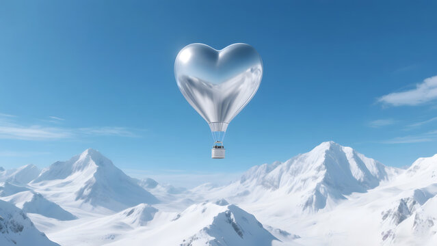 Metallic silver heart hot air balloon rising over frozen snowy mountains in bright winter sky - Powered by Adobe