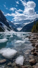 Icebergs floating on Lake Louise under a blue sky