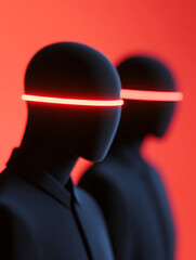 Futuristic Figures: A pair of dark, faceless figures with glowing bands across their faces, set against a vivid, red backdrop.