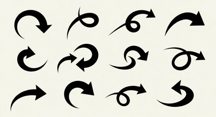 Illustration showing a collection of twelve black arrows with various curved shapes and directions shown created with generated ai