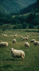 Fototapeta premium Sheep grazing in a lush green pasture under hills