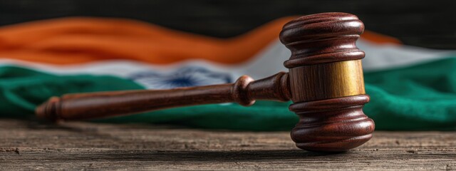 Gavel resting on wooden surface with Indian flag in background during legal proceedings