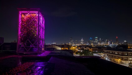 Urban farming rooftop garden night cityscape led grow lights vertical farm sustainable agriculture innovation