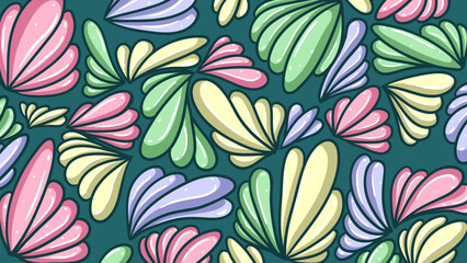 Abstract Leaves Doodle Background with Soft Pastel Pallete. Soft Pink, Soft green, Soft blue, Soft yellow and Dark green Colors Backgrounds. Vector Illustrations