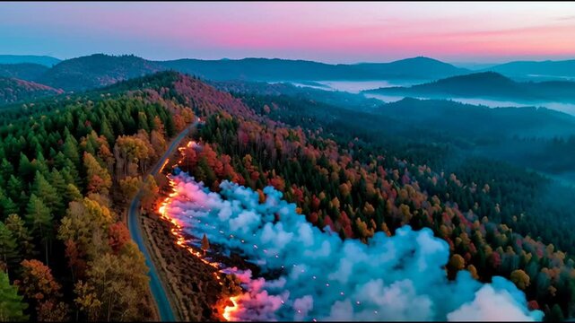 A dramatic ultra-wide aerial view of a forest fire breaking through an autumnal forest, releasing thick smoke into the twilight sky. The image shows the environmental toll of wildfires climate change.