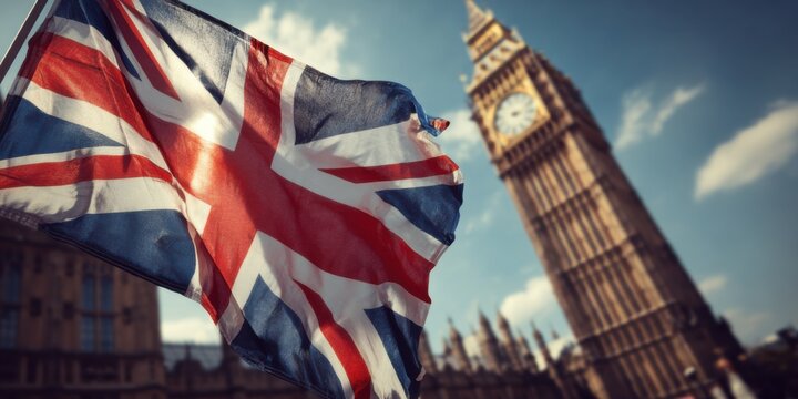 Flag waving in front of iconic clock tower in London during a sunny day capturing British spirit and cultural heritage