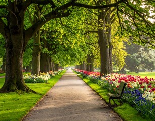 A sun-drenched path winds through a vibrant park, lined with lush trees and a colorful tulip garden.