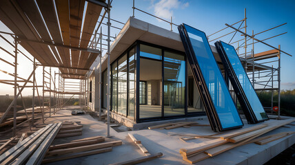 Construction site of modern villa with scaffolding and glass panels